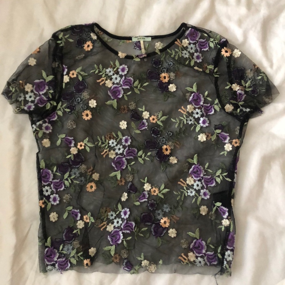 Sheer mesh floral embroidery crop top
